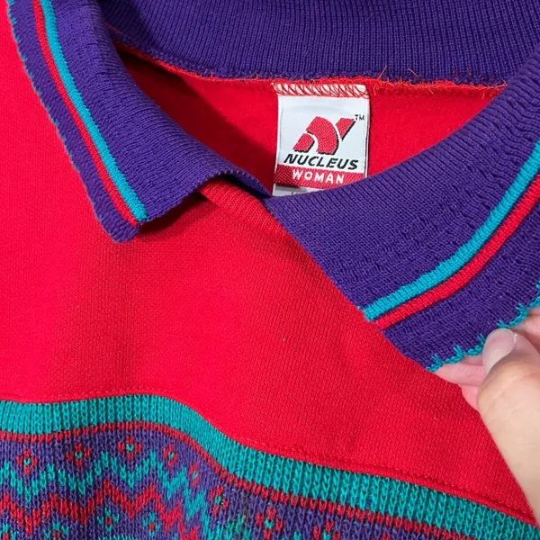 Vintage Nucleus Red Patterned Knit‎ Collar Pullover Sweater Retro 90s Top 2X - Image 6
