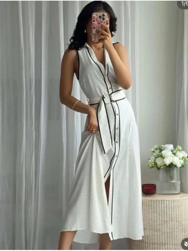 ZARA Cream Maxi Shirt Dress with Black Contrast Trim - Image 5