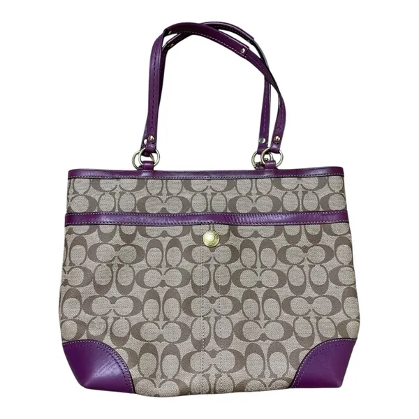 Vintage Brown Coach Signature Plum Berry Heritage Stripe Tote Shoulder-Bag Purse - Image 6