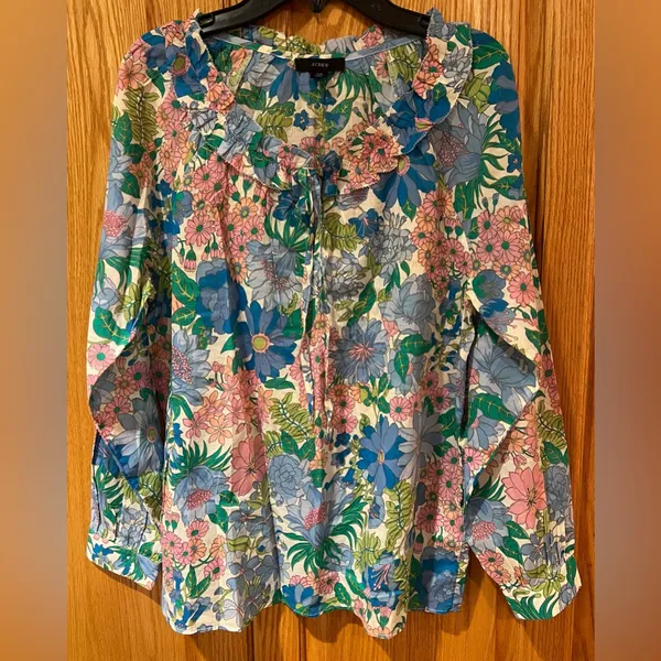 J.Crew Cotton Tie-Front Gathered Sleeves‎ Ruffle Top in Fairy Floral Size XS - Image 3