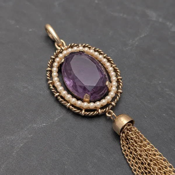 Vintage Avon Royal Elegance Pendant Purple Stone, Gold Tone, Faux Pearl 1970s - Image 2