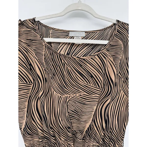 Vintage Toska Hi-Lo Dress Brown Black Leaf Print Summer Short Sleeve Casual Sz L - Image 5