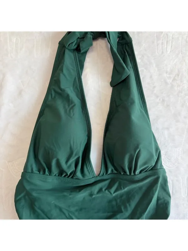 Cupshe NEW Women's Green Ruched Halter Top Swimsuit Swimwear Size Large #26034 - Image 5