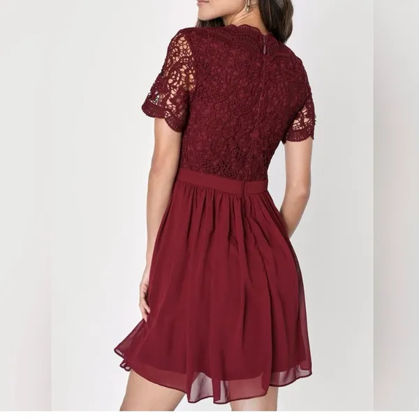 Lulus Angel in Disguise Burgundy Lace Chiffon Flare Skater Dress SMALL‎ - Image 4
