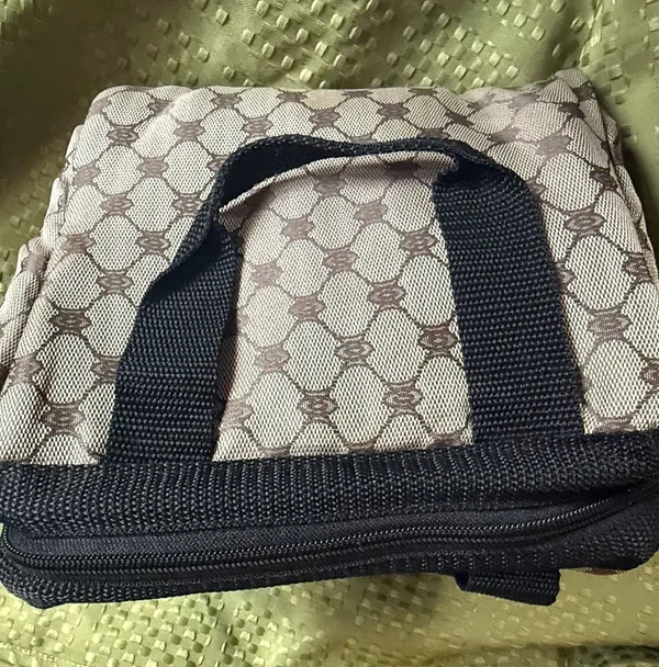 Patterned Beige and Brown Cosmetic lunch Bag with Black Trim Tan - Image 2