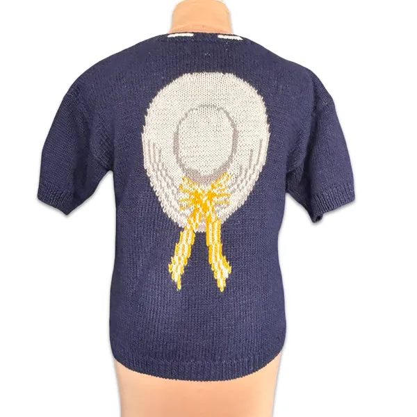 Vintage Eagles Eye Hat Motif Knit Cardigan Navy Yellow‎ Small Whimsical Cottage - Image 4