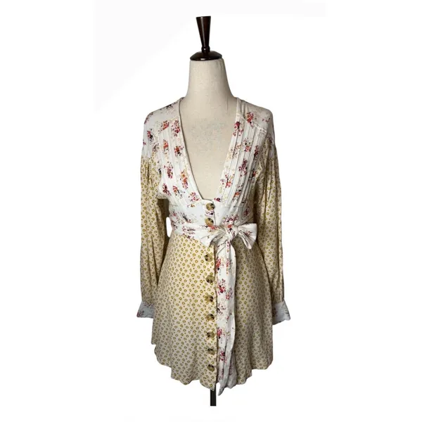 Free People‎ Wonderland Floral Mini Dress Women XS Yellow Boho Sash Cottagecore - Image 2