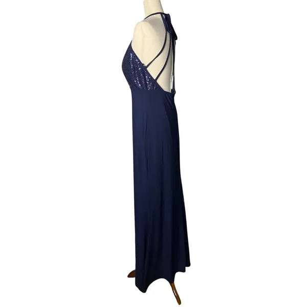 X by Xscape Navy Sequin Halter Keyhole Formal Maxi Gown Size 12 - Image 4
