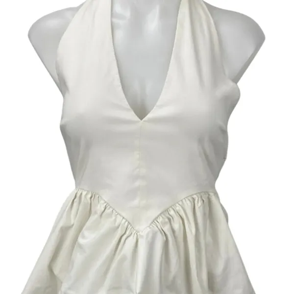 Zara White Halter V Neck Backless Sleeveless Open Back Peplum Blouse Top Size M - Image 2