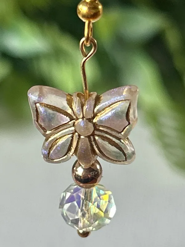 Gold Butterfly Drop Earrings with Iridescent Crystal Dangles - Image 3