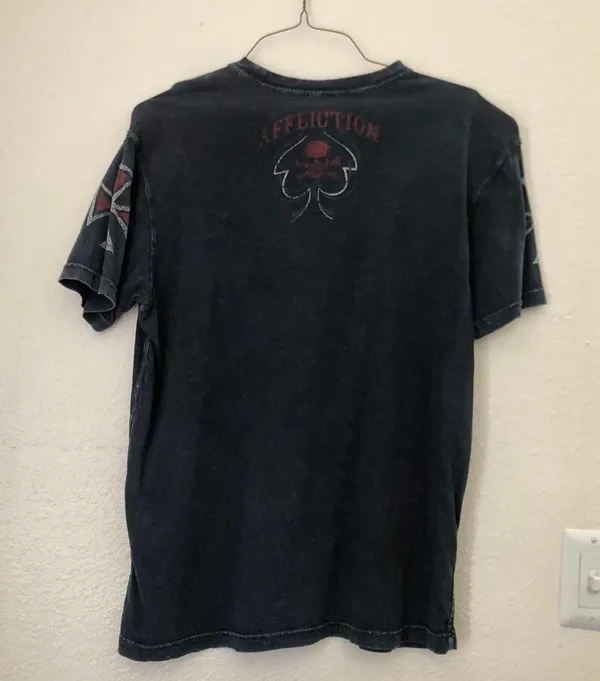 Affliction VERY RARE Grey Black Red Faded wash biker motorcycle skull crossbones wings goth grunge punk graphic tee tshirt top American Motor Club Fast Racer #jessepinkman - Image 4