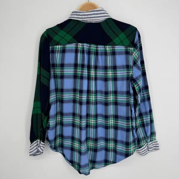 Aerie Flannel Mixed Plaid Button Down Shirt Medium Blue Green Colorblock Preppy - Image 5