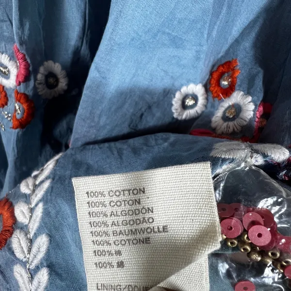 Let Me Be Anthropologie Laurel Floral Embroidered Mini Dress Blue Puff Sleeve XS - Image 9