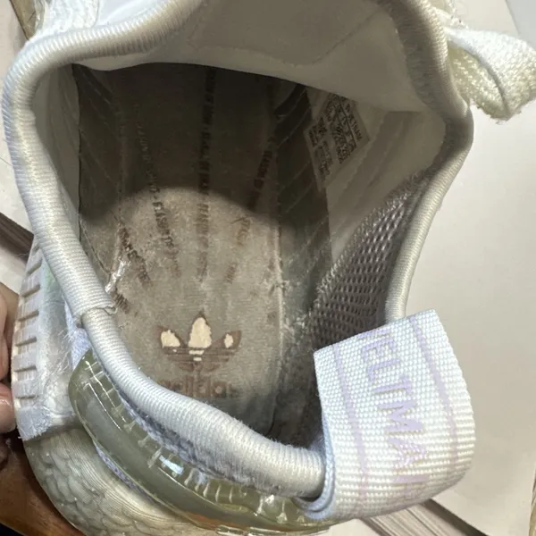 adidas‎ NMD_R1 White Iridescent Sneakers Tennis Shoes Women’s 6.5 Silver Stripes - Image 8