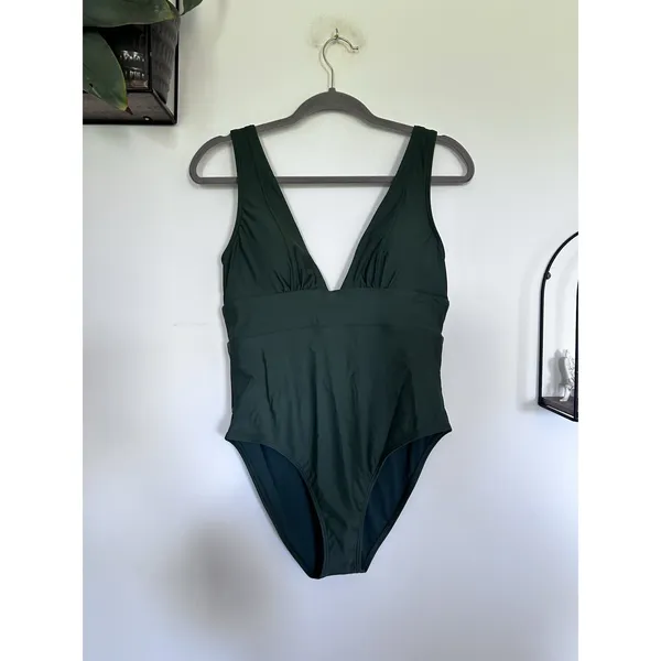NWT Quince Palm Green Italian Plunge One-Piece Swimsuit Large - Image 3