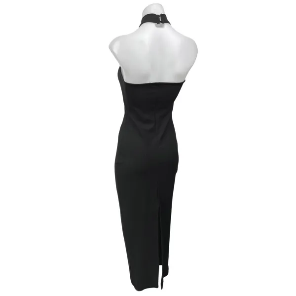 NA-KD Black Sleeveless Rose Halter High Neck Slit Midi Maxi Bodycon Dress XS - Image 2