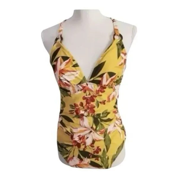 Kona Sol Swimwear One Piece High Coverage Yellow Tropical Floral Size M - Image 2