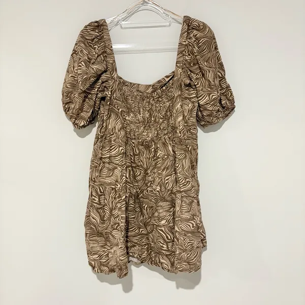 House Of Harlow Linen Blend Puff Sleeve Square Neck Swirl Babydoll Dress‎ Tan S - Image 3