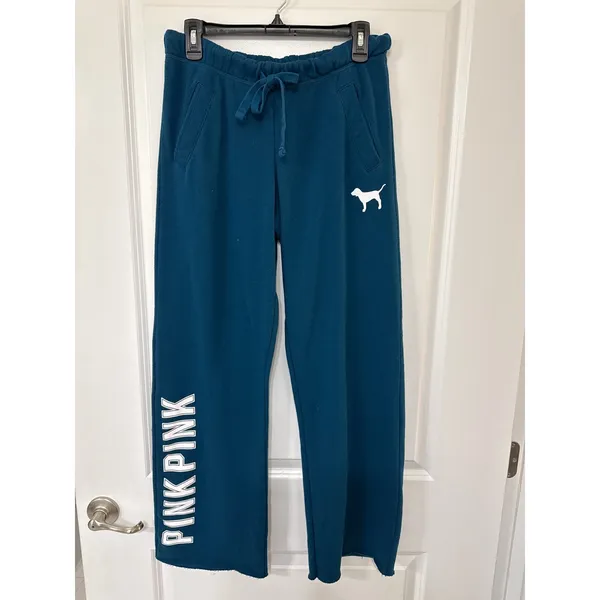 Victoria's Secret PINK Y2K Sweatpants Small Blue Logo Dog Raw Hem - Image 2