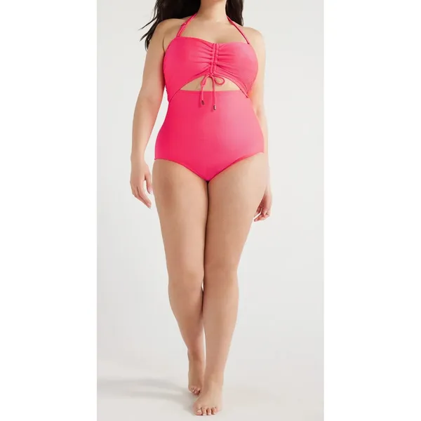 Time and Tru Womens One Piece Swimsuit 2X Coral Cut Out Tie Back Soft Cup Beach - Image 3