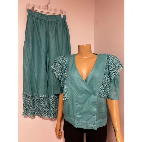 LERMAJ Vintage Teal Linen Blend Two Piece Set Lace Wrap Top Wide Leg Pants M/L - Image 3