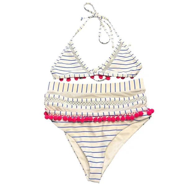 TULAROSA Nina High Waisted‎ Bikini Set Blue White Stripe Pink Pom Poms XS - Image 3