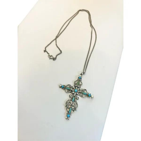 Signed Roma Cross Pendant Necklace Petit Point Faux Turquoise Christian Vintage - Image 8