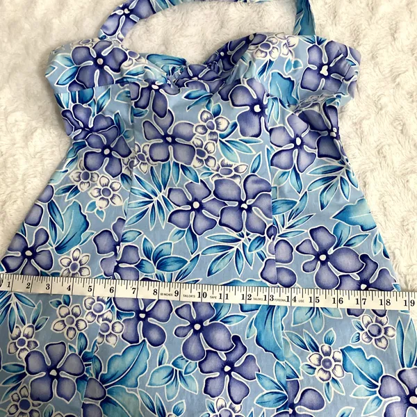 Vintage City Triangles Blue Floral Hawaiian Y2K 90s Coconut Girl Halter Dress 10 - Image 9