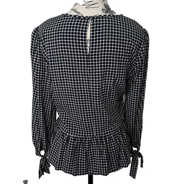 Tommy Hilfiger Womens Navy White Plaid Smocked Peplum Blouse Size L Tie Cuff Top - Image 3