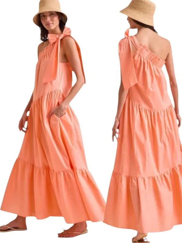 Altar'd State Gina Coral One Shoulder Tiered Maxi Dress Coastal Cottagecore XS - Image 4