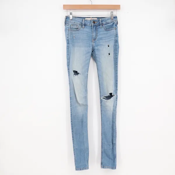 Hollister Low Rise Super Skinny Distressed Light Wash Jeans 00R - Image 2