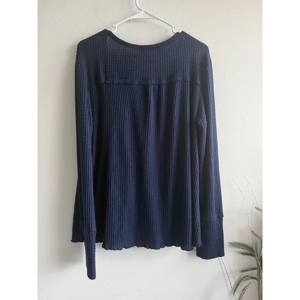 Anthropologie Womens Navy Blue Waffle Knit Henley Long Sleeve‎ Top Large 1192 - Image 3