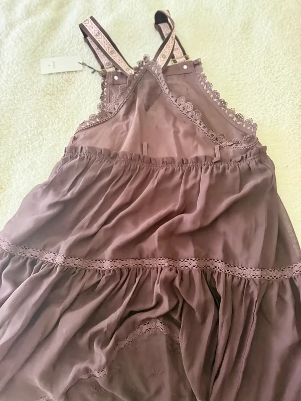 NWT Brown Tiered Lace Trim Mini Dress Size Small Boho Cottagecore - Image 3