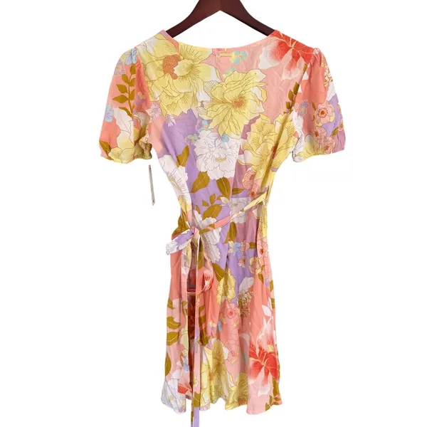 Billabong Floral Wrap Mini Dress Peach Yellow Lavender Puff Sleeve Small NEW - Image 3