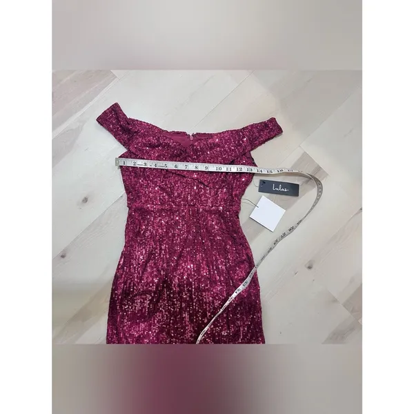 Lulus NWT Women Small Wine Red Glitter Sequin Off the Shoulder Mini Dress Party - Image 6