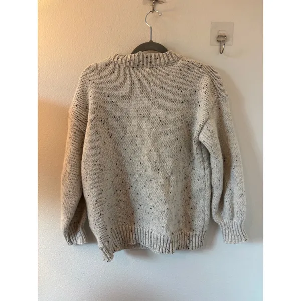 Cream Black Flecked Chunky Knit Crewneck Sweater Small Marl Pullover - Image 2