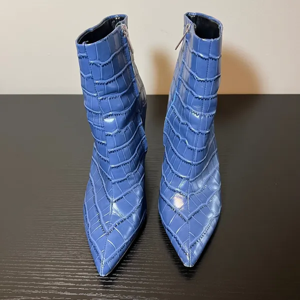 Marc Fisher LTD Blue Croc Embossed Pointed Toe Block Heel Ankle Boots Size 8.5 - Image 3
