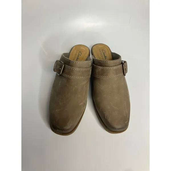 Clarks Collection Mules Womens 8.5W Taupe Excellent Leather Buckle‎ Block Heel - Image 3