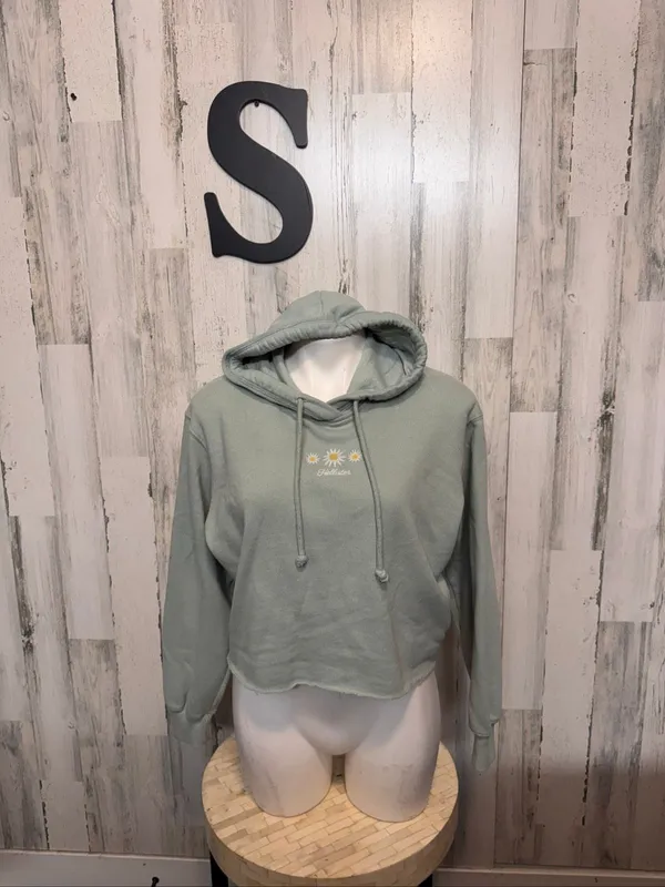 Hollister Embroidered Daisy Raw Hem Cropped Hoodie Womens Small Sage Green - Image 2