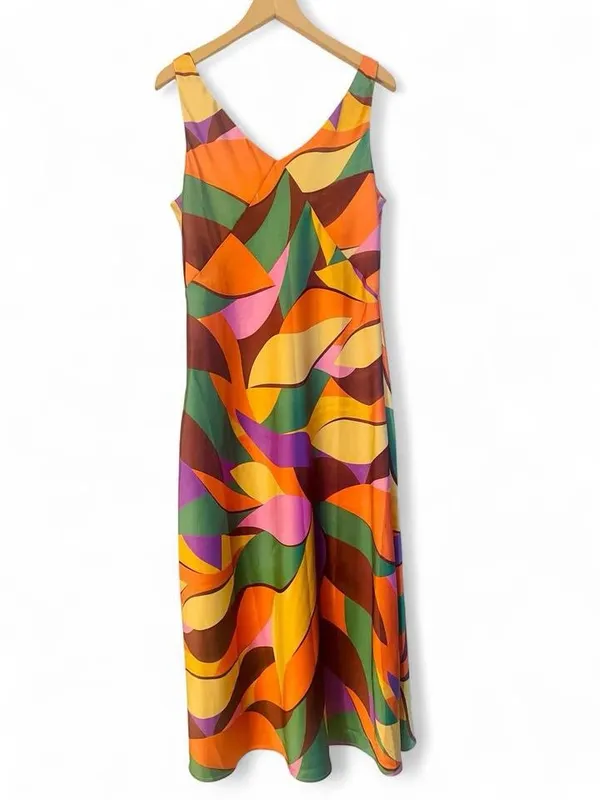 NWT Joie Bessia Satin Abstract Leaf Print V-Neck Slip Maxi Dress M - Image 2
