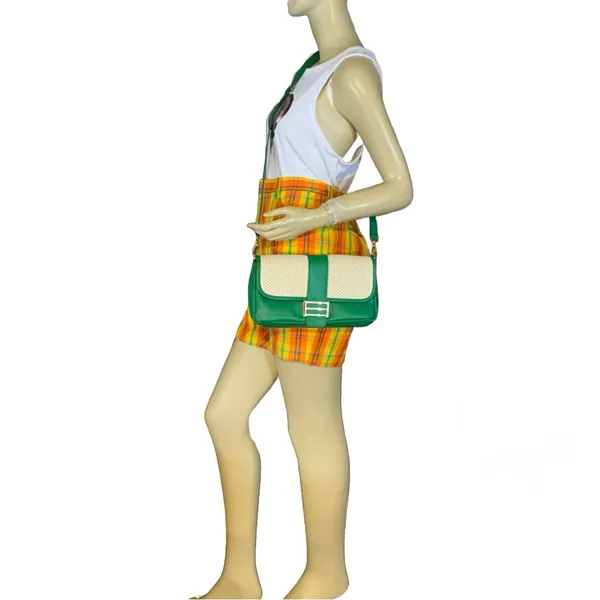 Divina Firenze Emerald Green Leather And Cream Rattan Crossbody Bag - Image 5