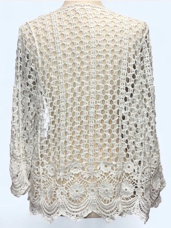 Vintage Style White Crochet Cardigan‎ Open Front Shrug Coquette Boho Knit - Image 3