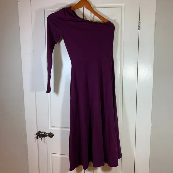 Pact One Shoulder Midi Dress‎ XS Purple Organic Cotton Stretch Long Sleeve - Image 3
