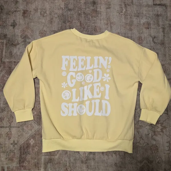 KatyDid Feelin Good Like I Should Yellow Crewneck Sweatshirt Size L retro fun - Image 7