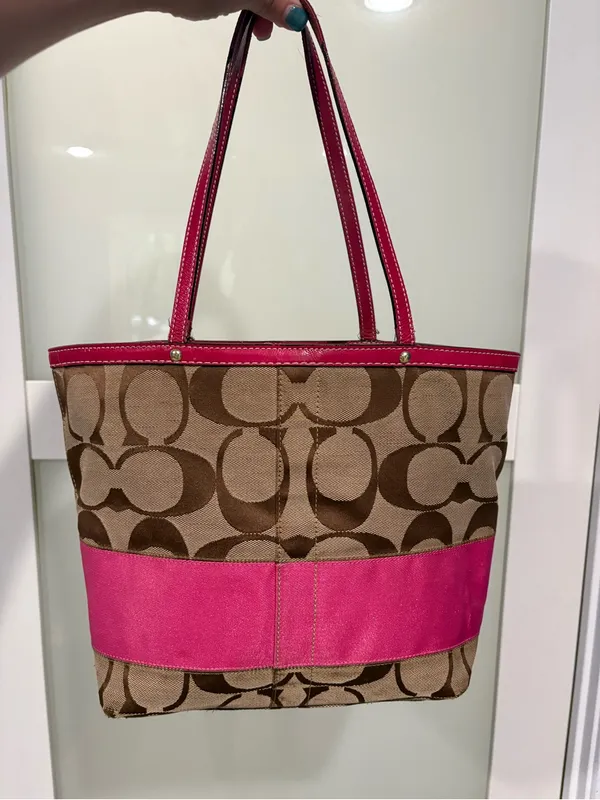 Vintage Coach Reversible Stripe Tote Bag Khaki Pink Canvas with Leather Trim - Image 10