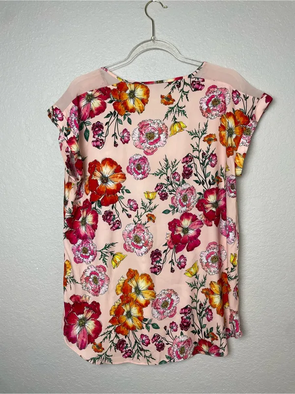 Express Pink Floral Lace-Trim V-Neck Cap Sleeve Blouse Size L - Image 7