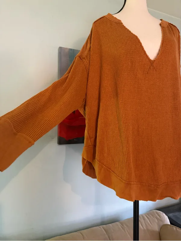 We The Free Womens Brown Ribbed Knit V-Neck Dolman Sleeve waffle Sweater Size L - Image 3