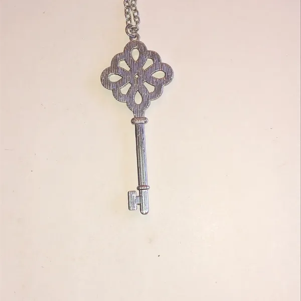 Silver Tone Key Pendant Necklace with Pink Accents - Image 5