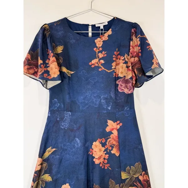 NWT Baltic Born Maxi Dress Blue Colina Satin Floral Flutter Side Slit Medium - Image 7