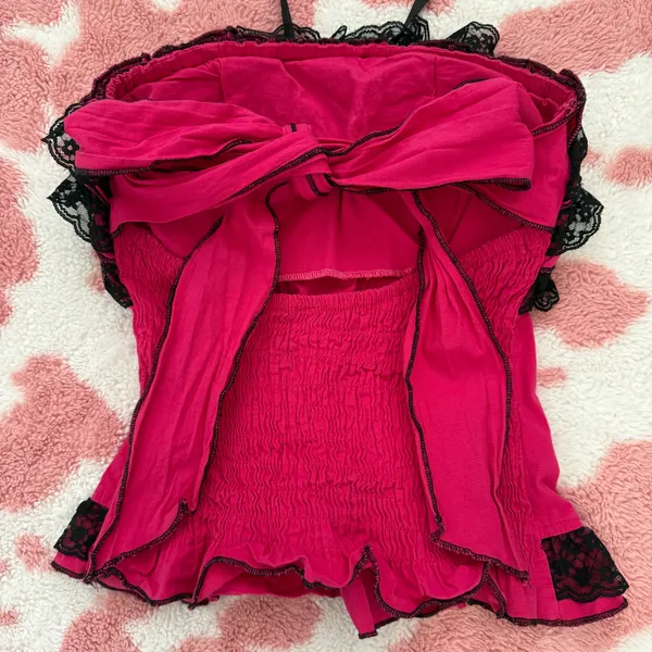 Strapless Hot Pink & Black Lace Ruffled Bustier Top — Padded Wireless Corset Camisole with Front Lace-Up (S) - Image 4